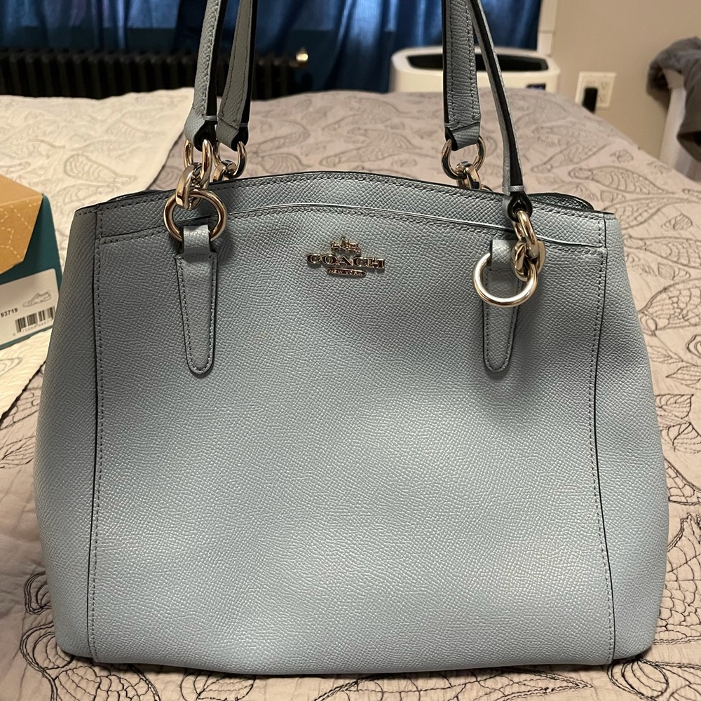 Powder blue Coach tote.